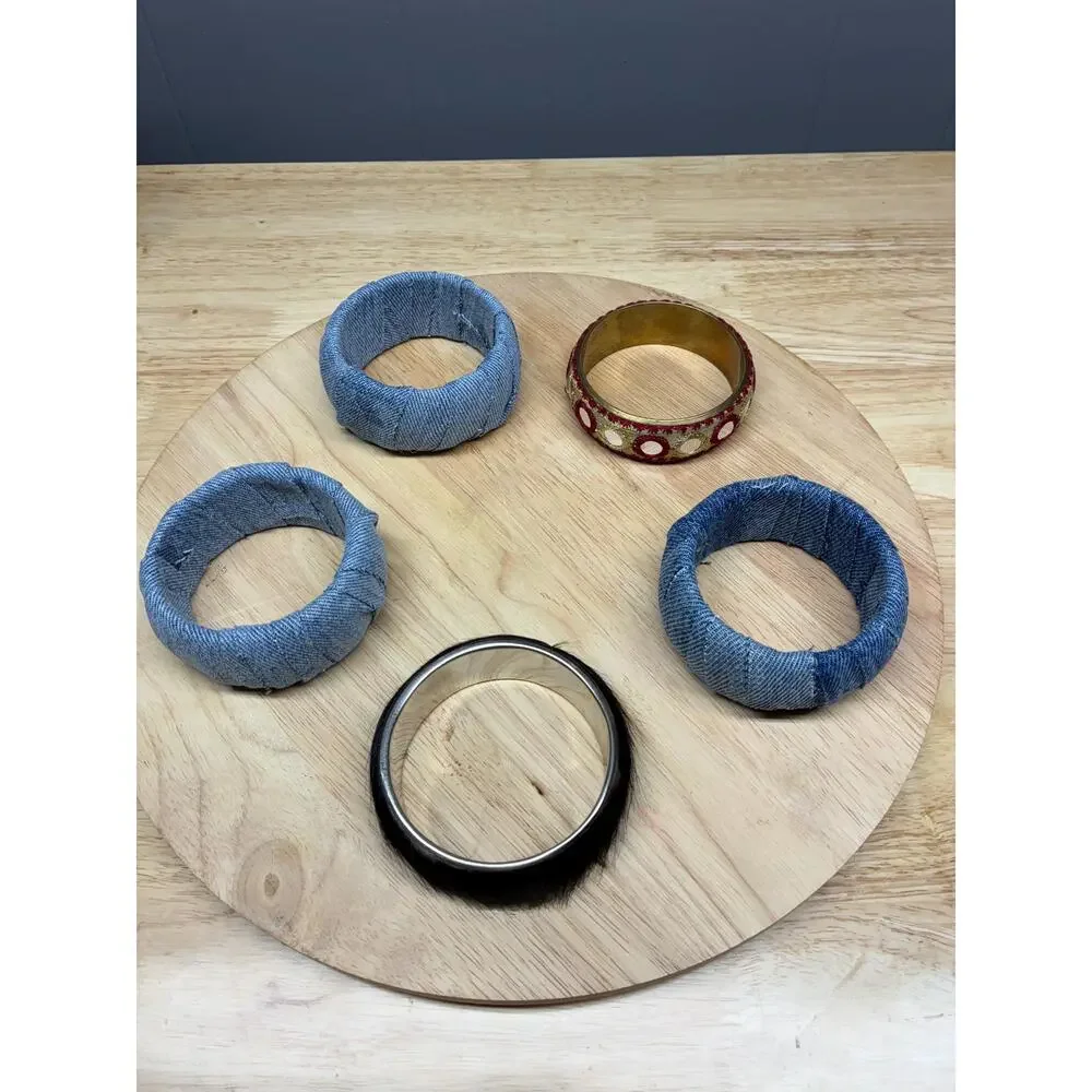 Upcycled Bangle Bracelet Set – Denim Wrapped, Embroidered, and Faux Fur
